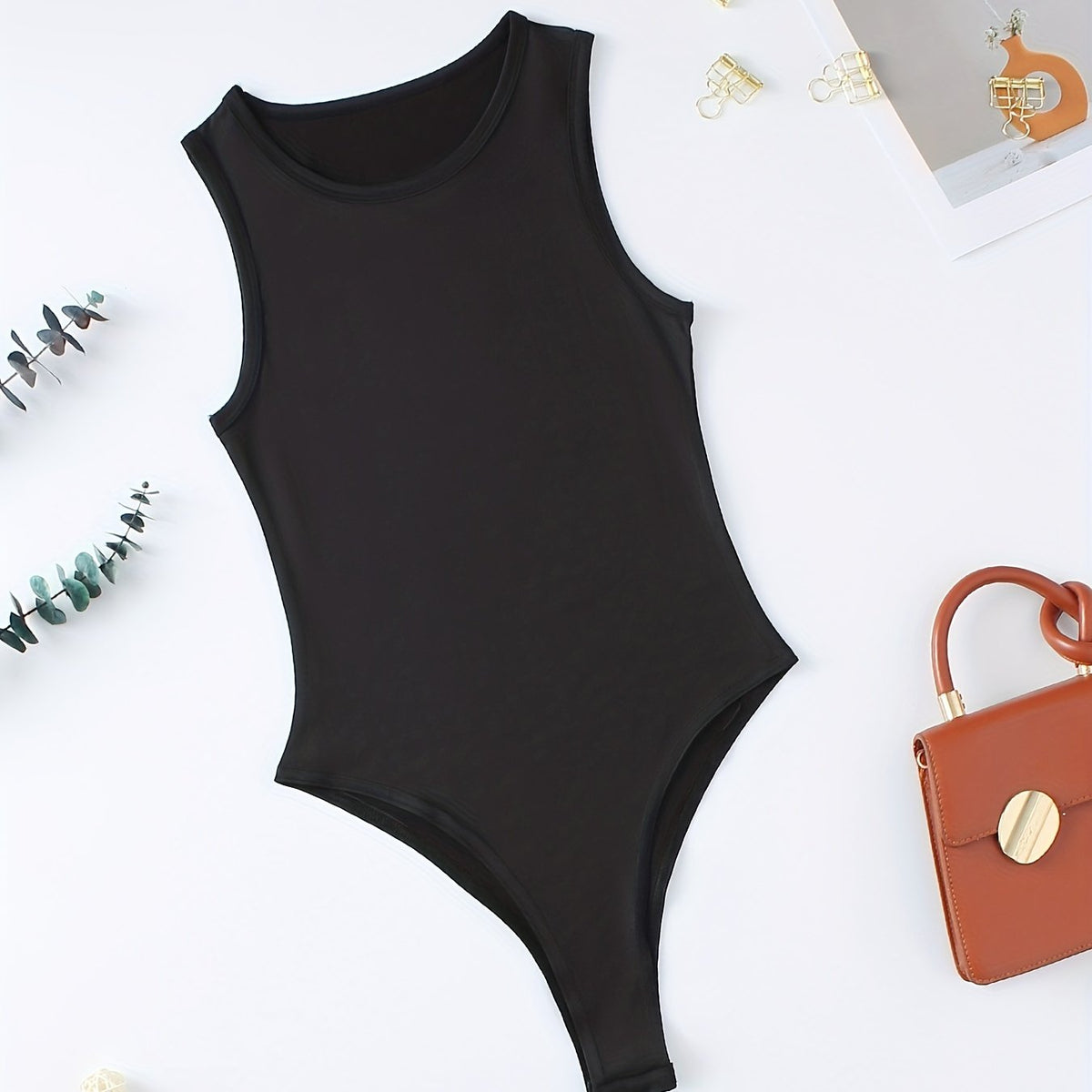 Solid Sleeveless Bodysuit Casual Crew Neck Summer Bodysuit Women's Clothing