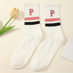 6 Pairs Striped Crew Socks College Style Women's Stockings