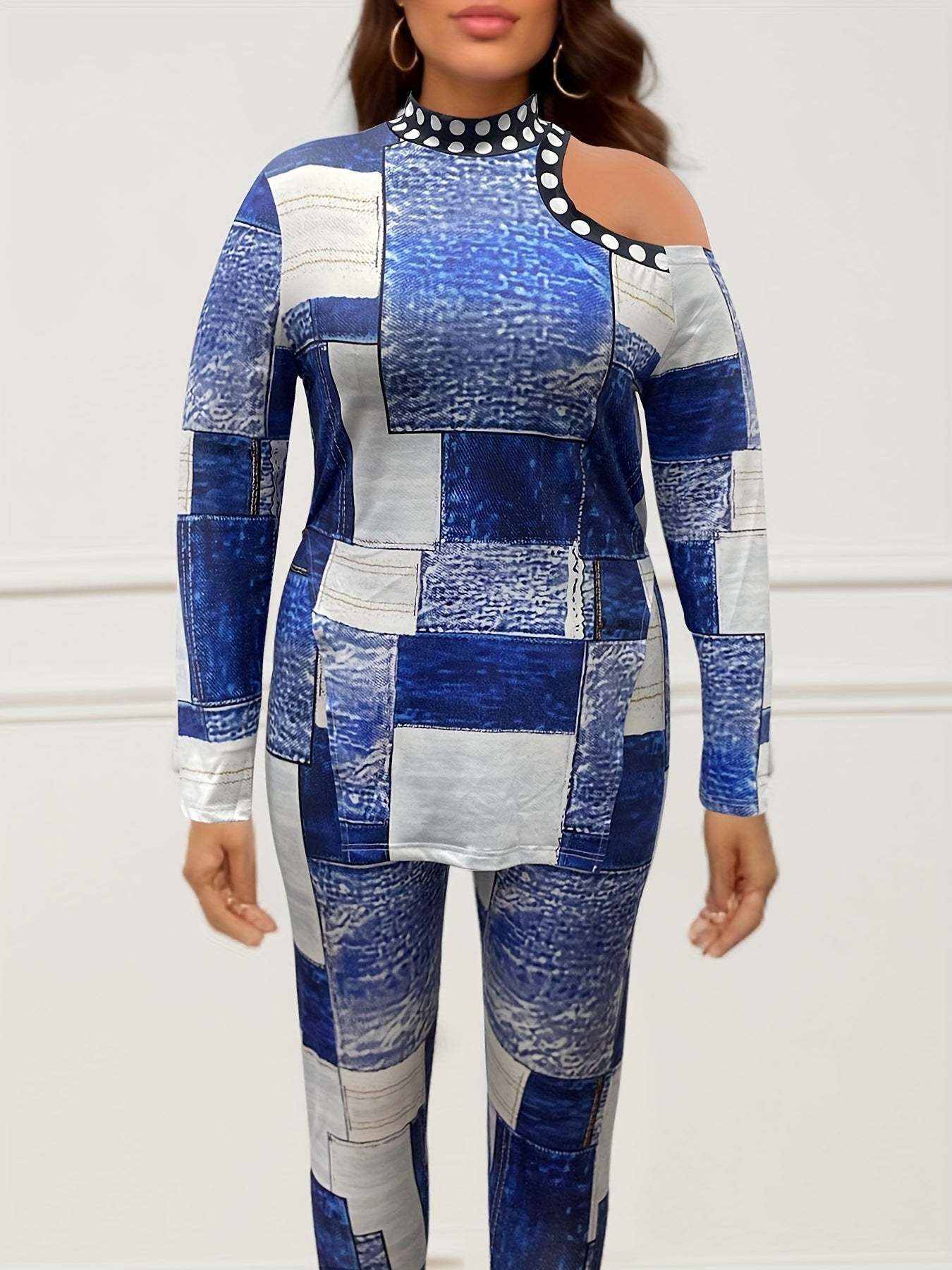  Denim & Polka Dot Print One Shoulder Top & Pants Set