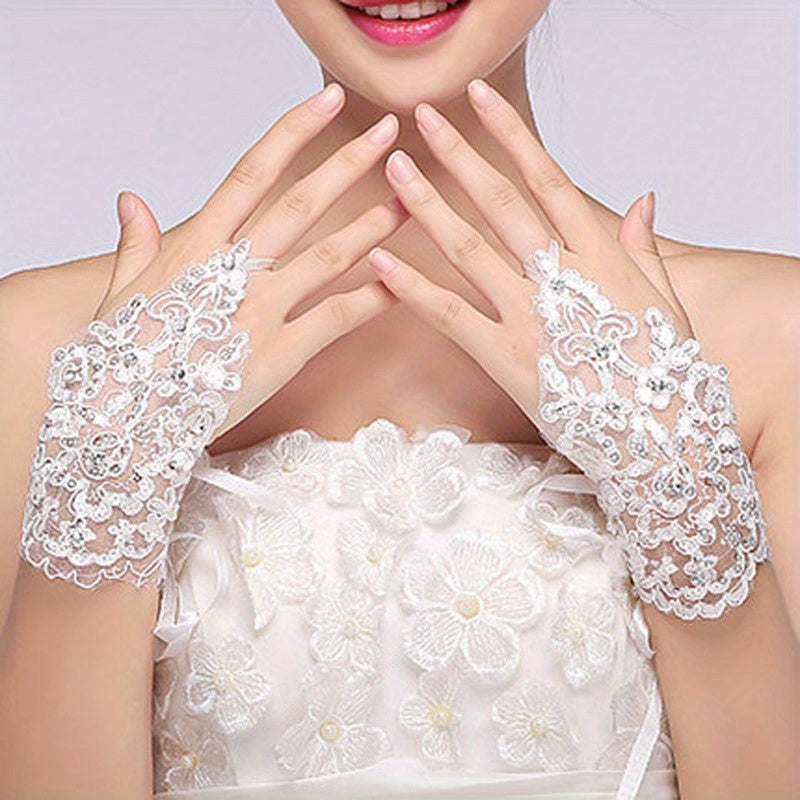 Bridal Wedding Lace Gloves Beaded Short Sequin Gloves