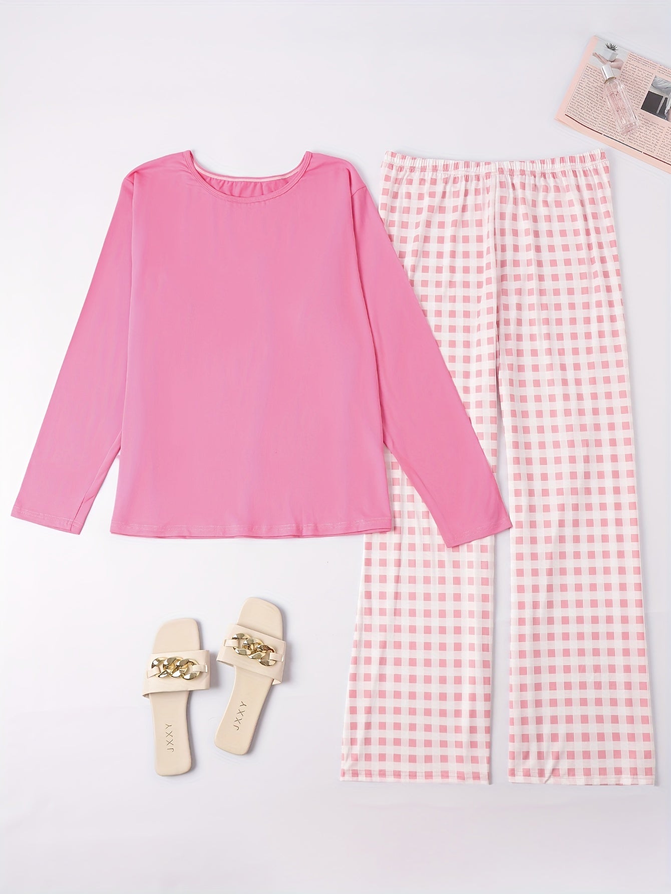  Pajama Set Soft Tee & Gingham Print Pants Two Piece Set