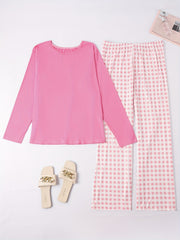  Pajama Set Soft Tee & Gingham Print Pants Two Piece Set