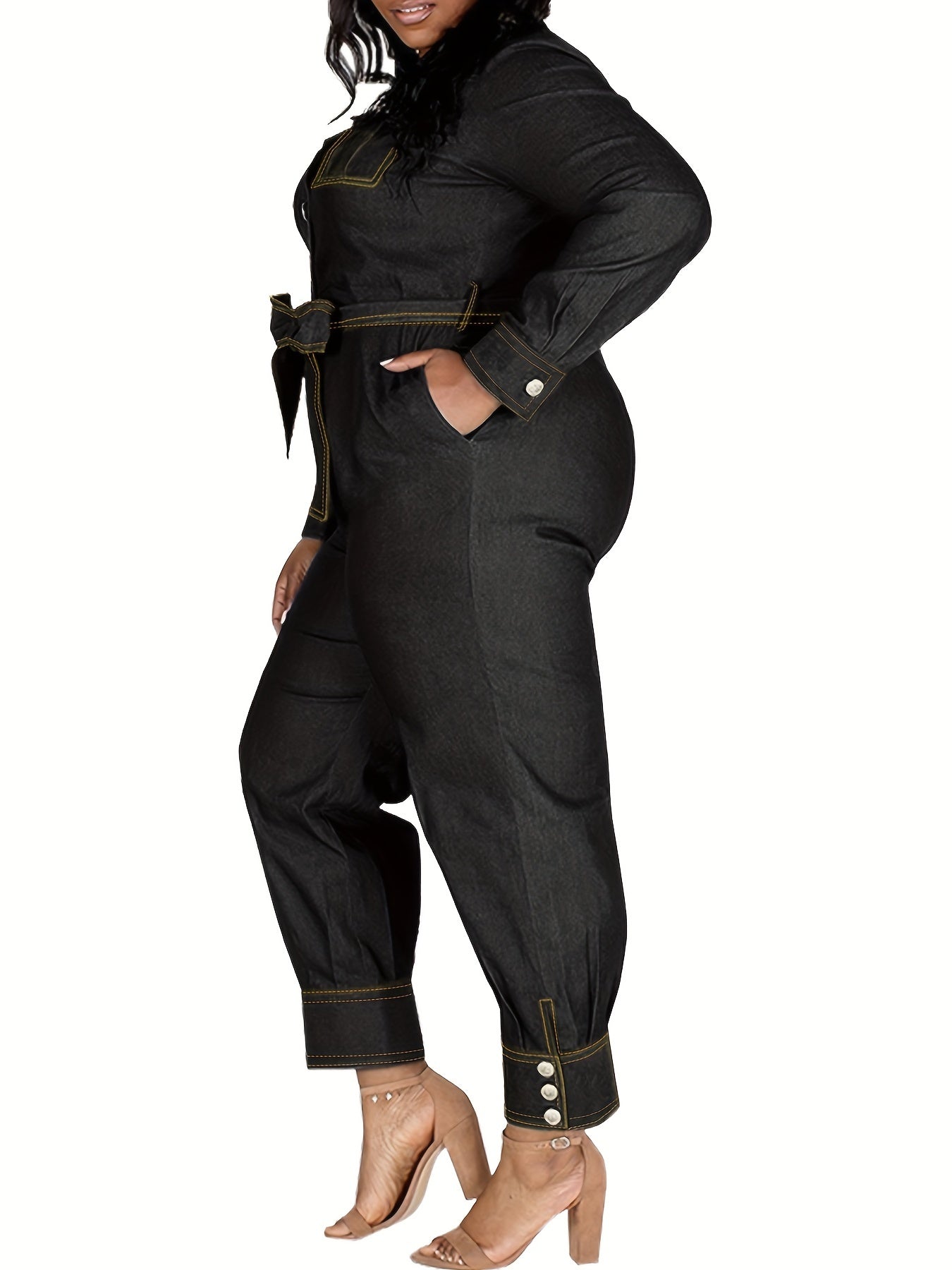  Denim Style Long Sleeve Belted Jumpsuit Women's Plus