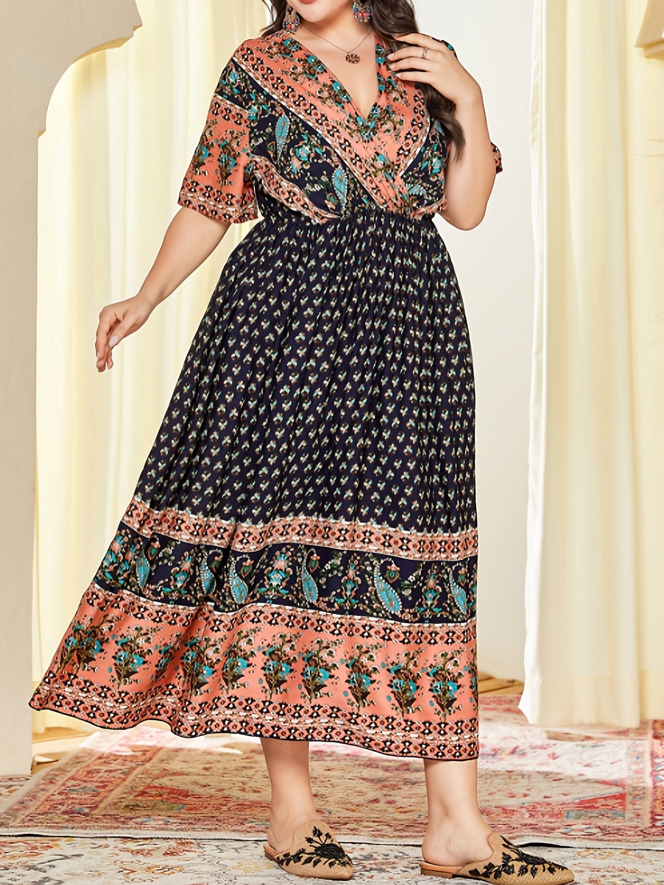  Paisley Floral Print V Neck Maxi Kaftan Dress