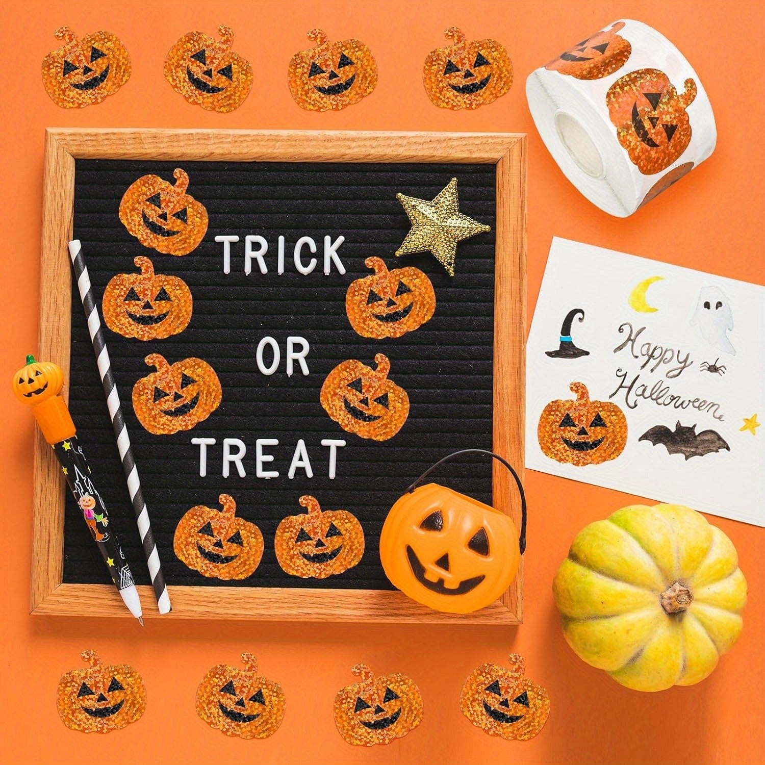 500pcs Holographic Pumpkin Face Stickers Orange Glitter Decals