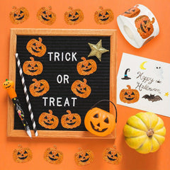 500pcs Holographic Pumpkin Face Stickers Orange Glitter Decals
