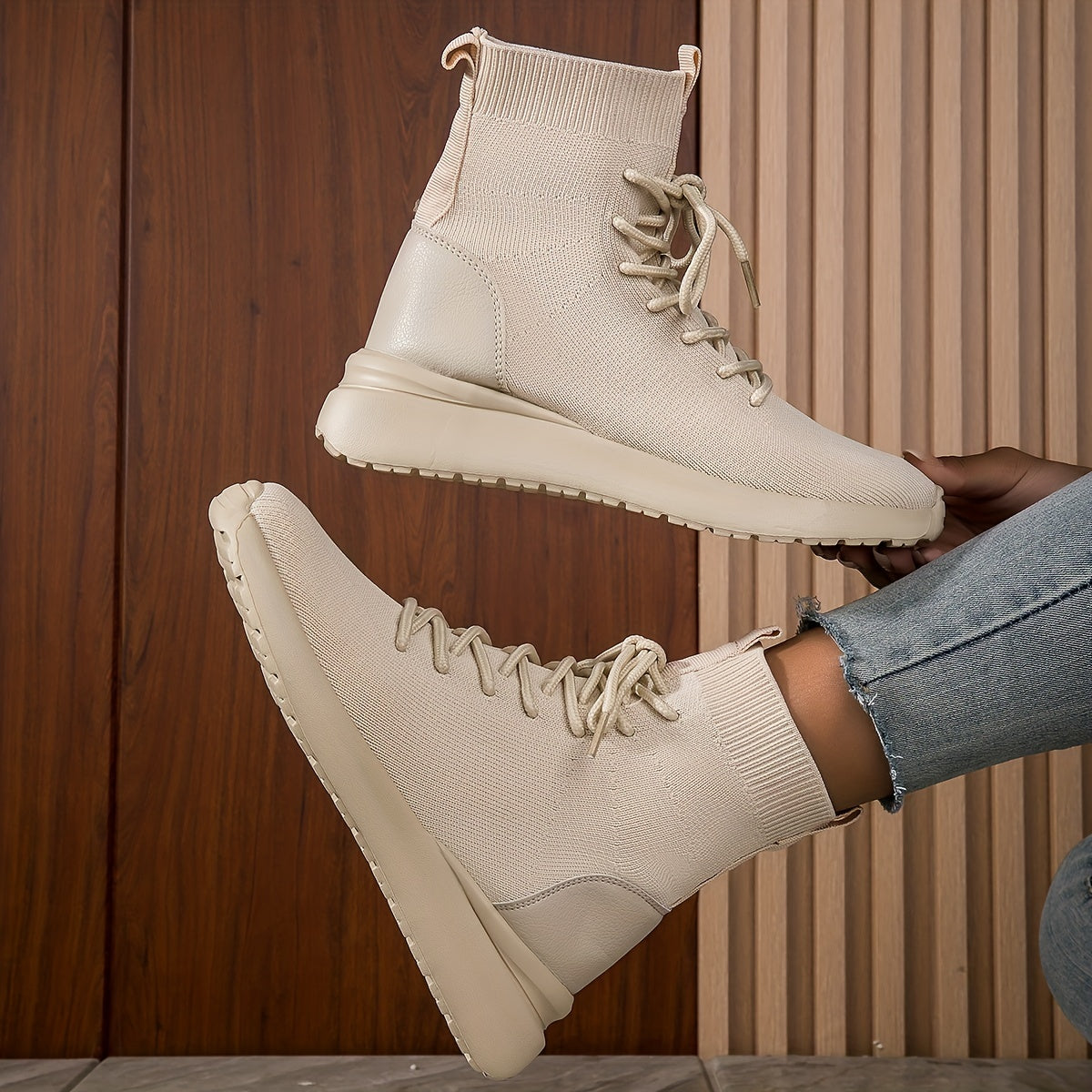 Women's Stretch Sneaker Boots Lace Up Flat High Top Sock Shoes