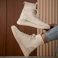 Women's Stretch Sneaker Boots Lace Up Flat High Top Sock Shoes