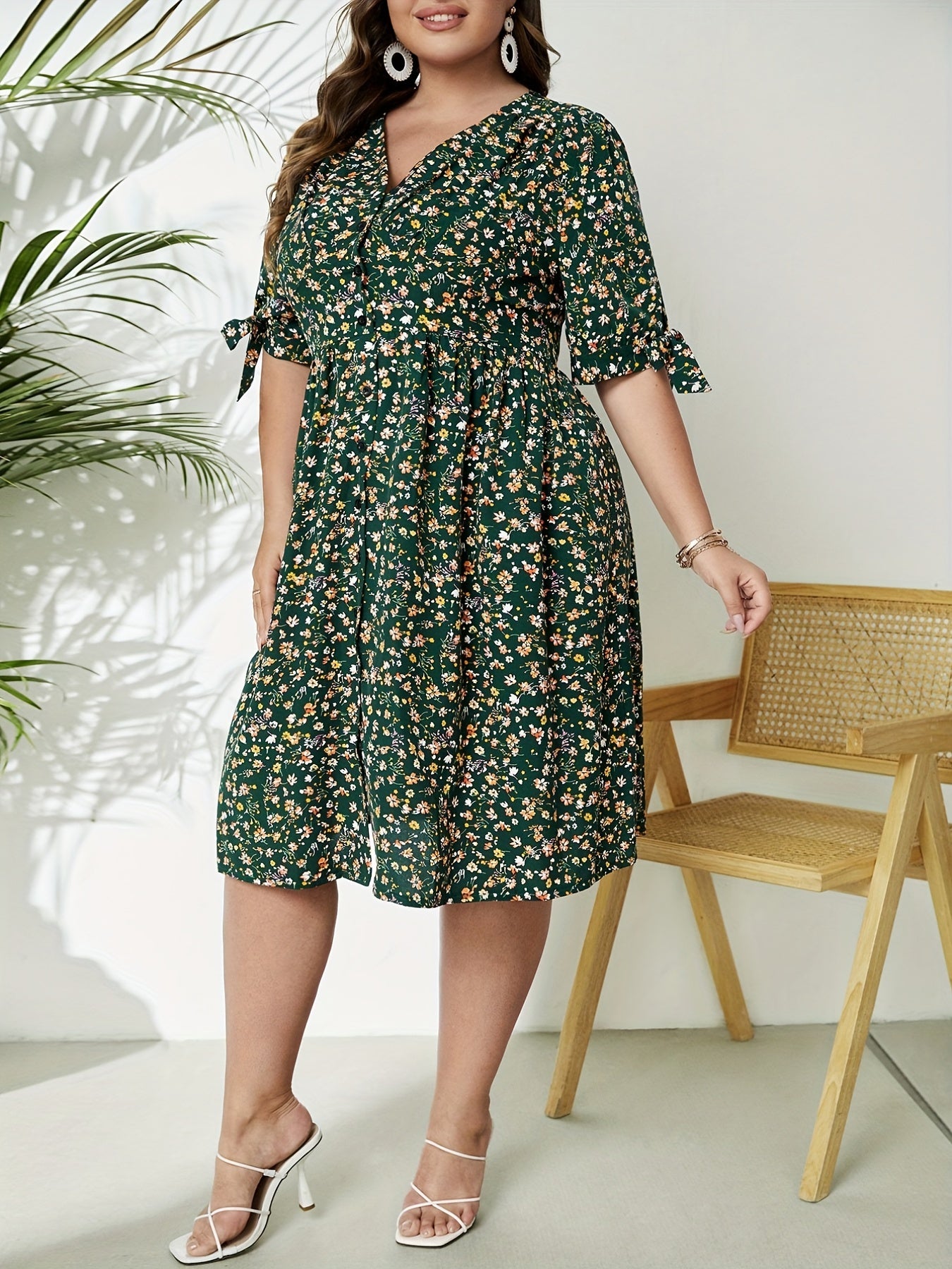 Women's Plus Floral Print Tie Puff Sleeve Maxi Dress
