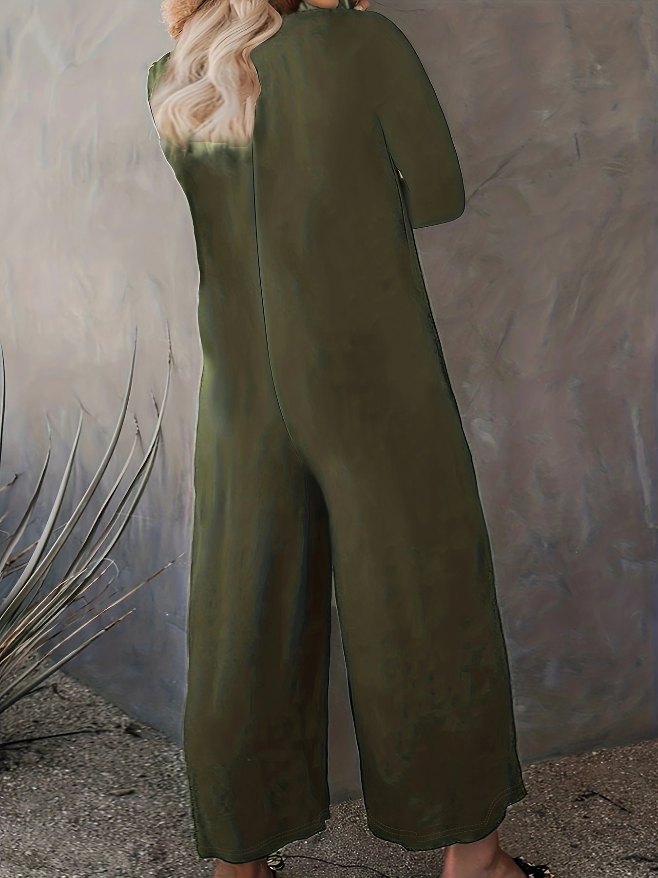  Solid Long Sleeve Round Neck Wide Leg Jumpsuit