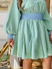  Stripe Print Lantern Sleeve Dress