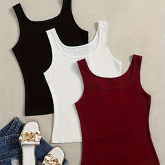 3 Pack Plus Size Basic Tank Top Set Women's Plus Solid Ribbed Round Neck