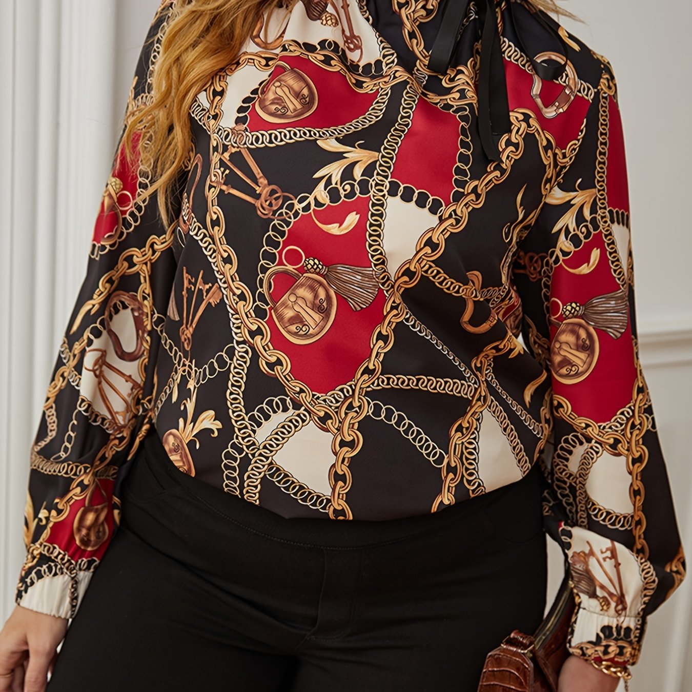  Blouse Paisley Print Long Sleeve High Neck Knot Shirt