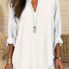  Solid Long Sleeve Notched Neck Tunic Top