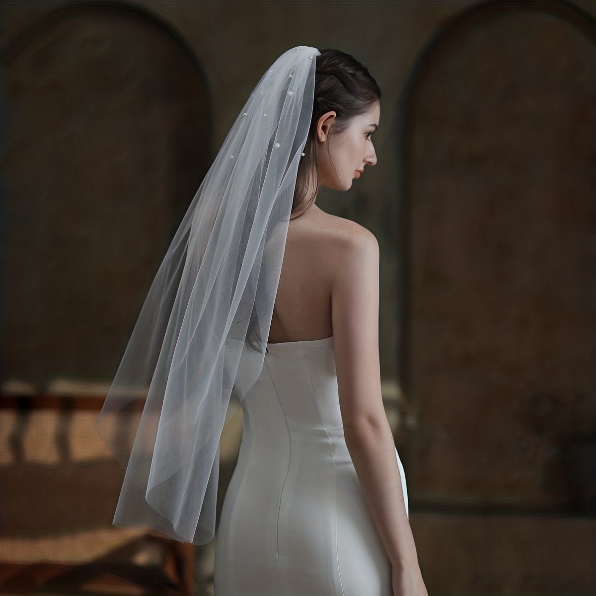 Pearl Inlaid Bridal Head Veil with Comb