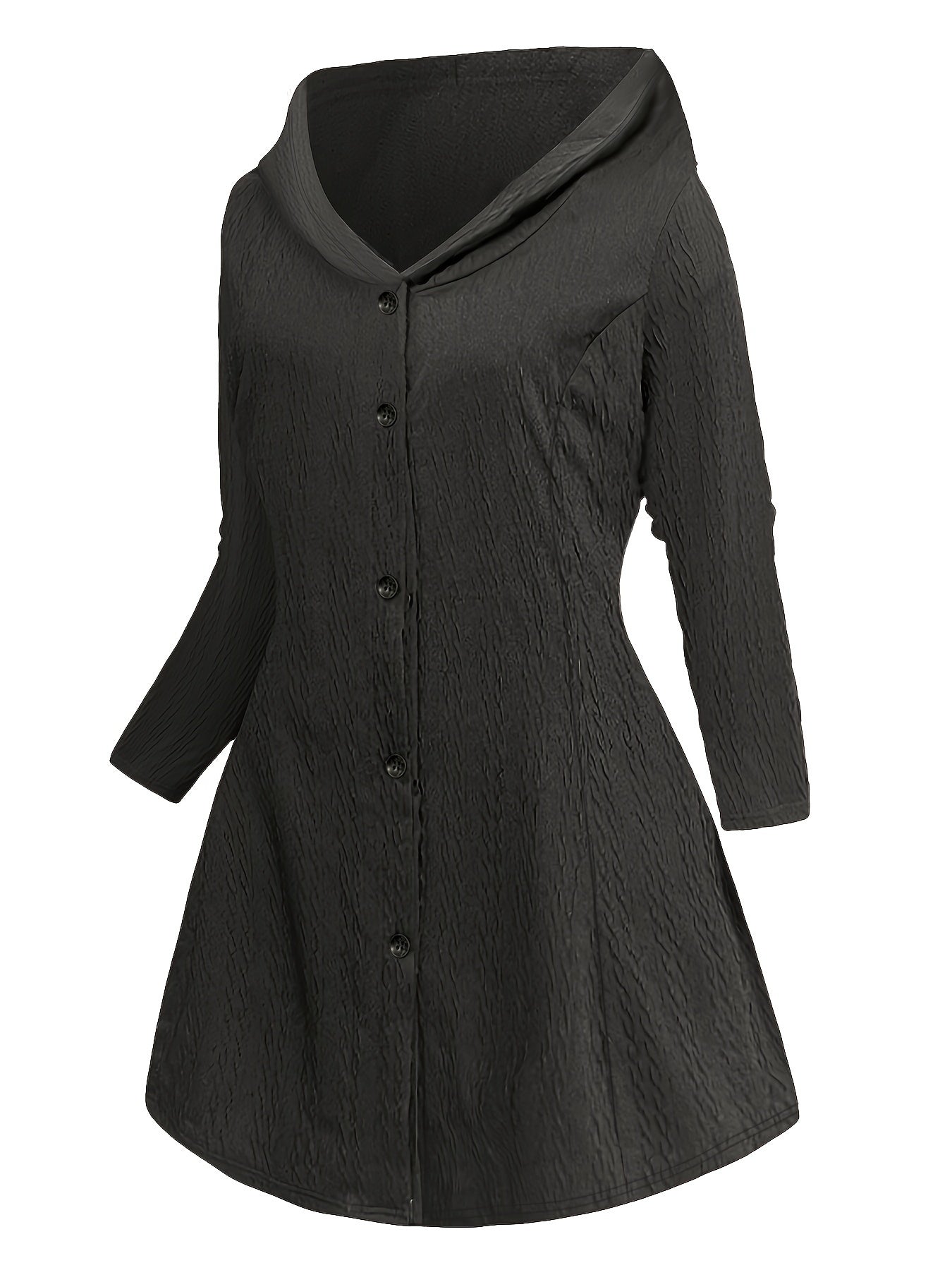  Solid Jacquard Button Up Long Sleeve Hooded Dress