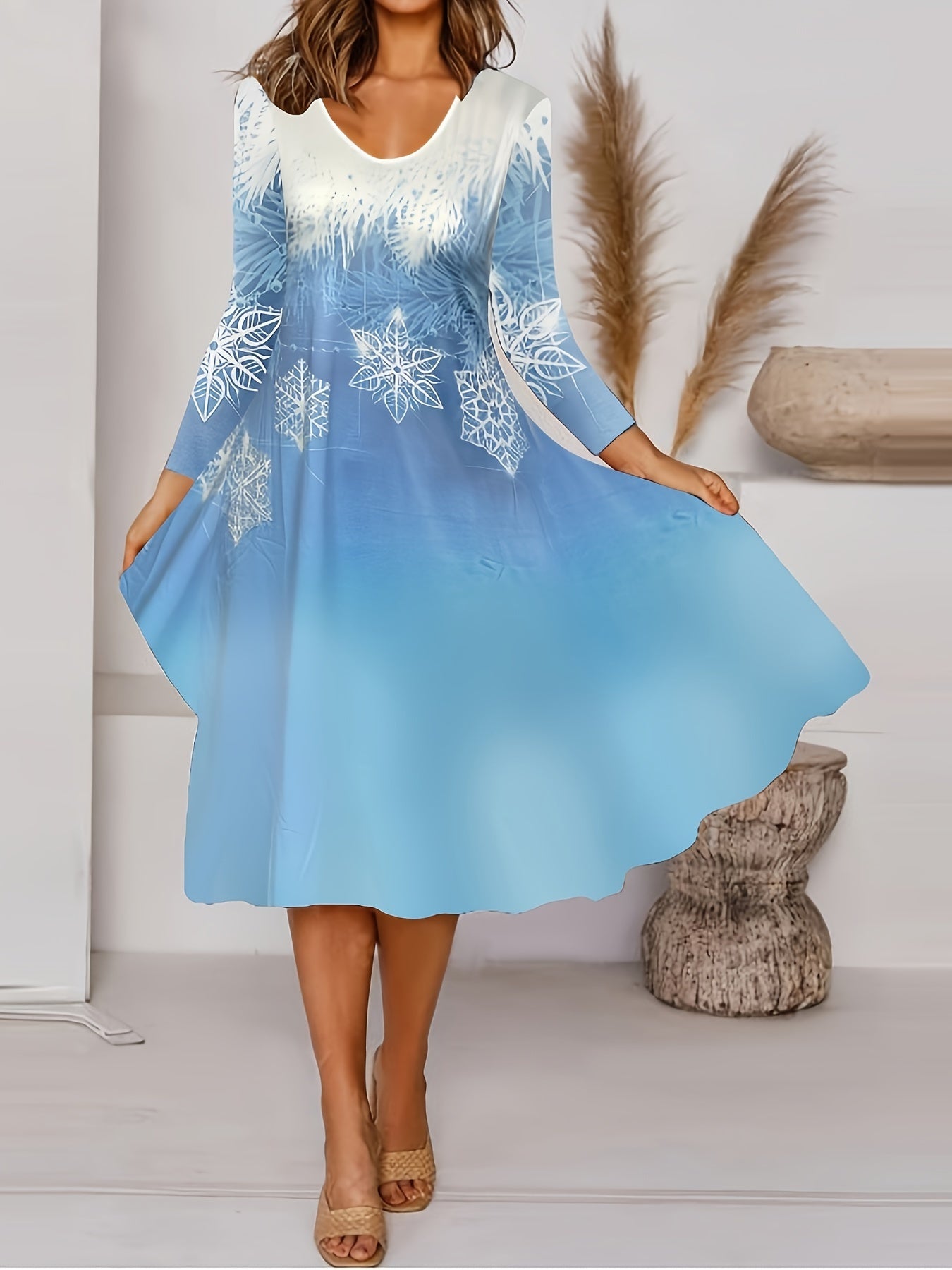  Snowflake Print Long Sleeve V Neck Loose Fit Dress