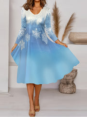  Snowflake Print Long Sleeve V Neck Loose Fit Dress