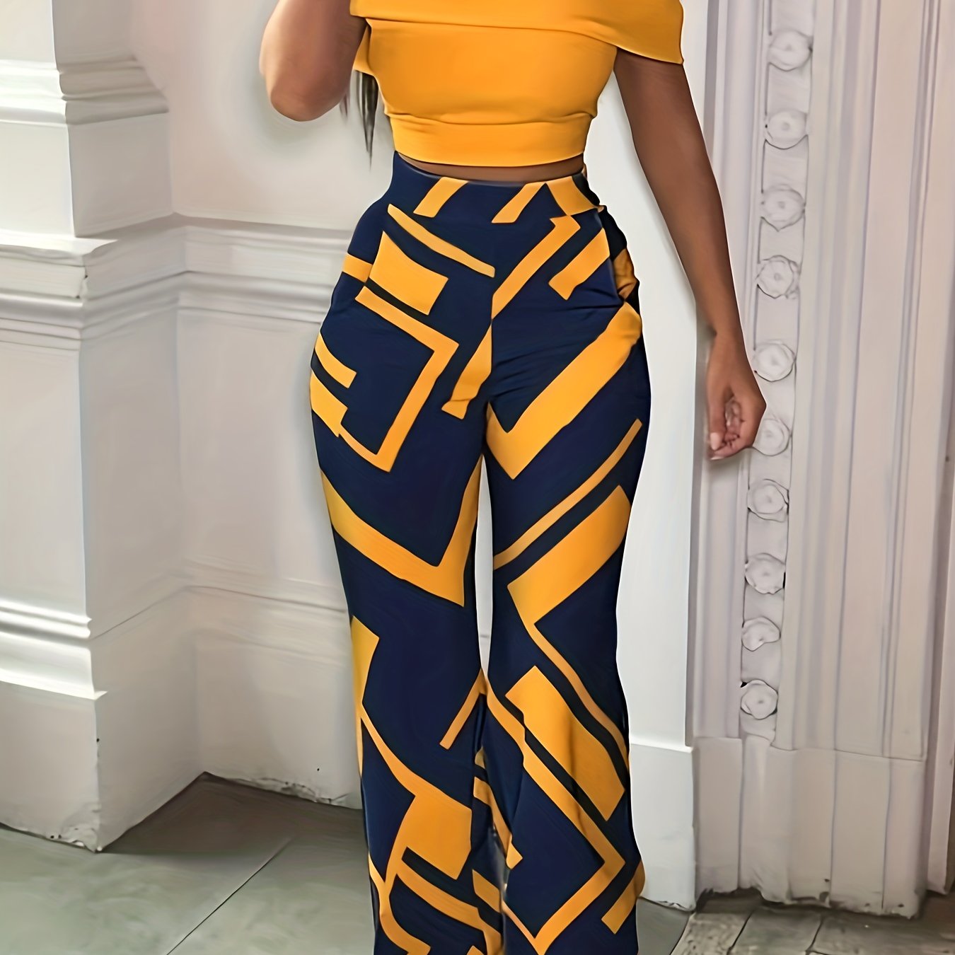  Colorblock Geometric Print High Rise Trousers
