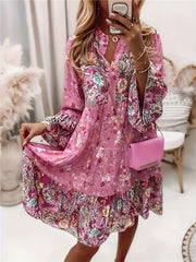  Boho Dress Women's Plus Floral Print Long Sleeve Smock Dress