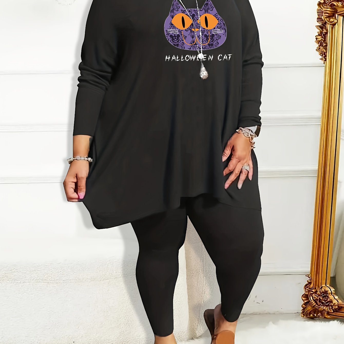  Halloween Pajama Set Women's Funny Cat & Art Print Tee & Leggings Set