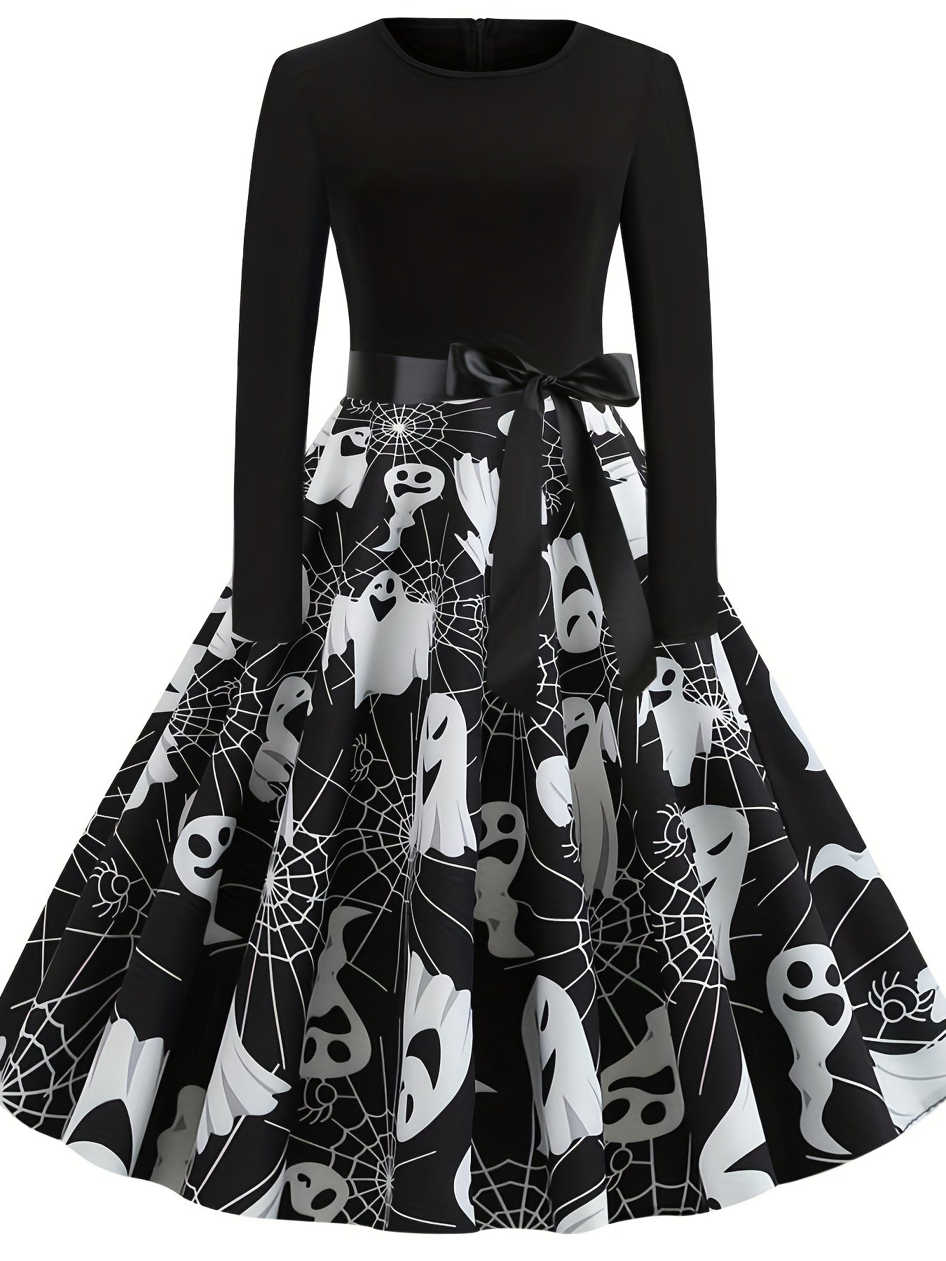  Women's Ghost & Spider Web Print A-Line Dress