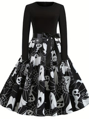  Women's Ghost & Spider Web Print A-Line Dress