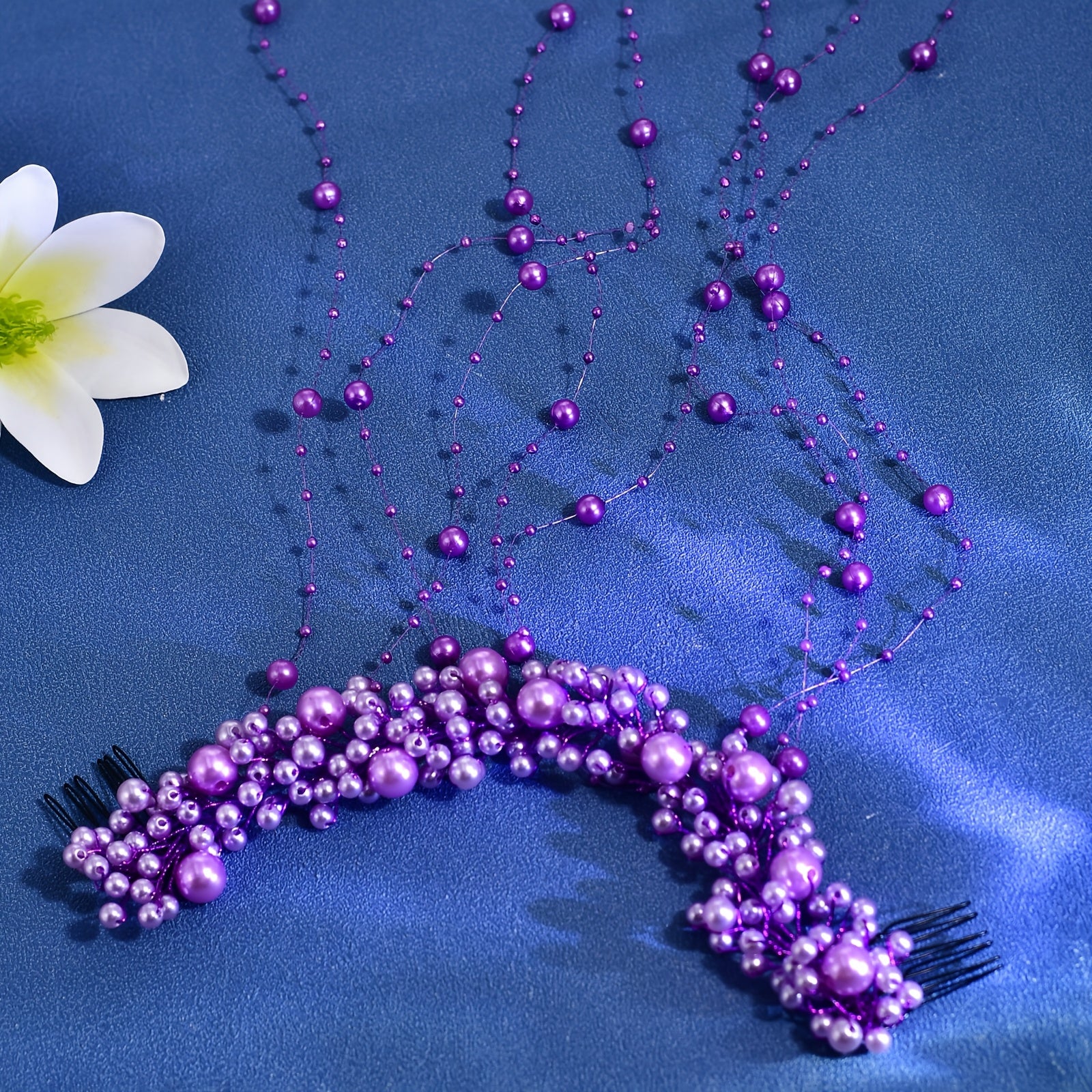 Vintage Bridal Hair Accessory Purple Beaded Tassel Veil with Floral Headpiece