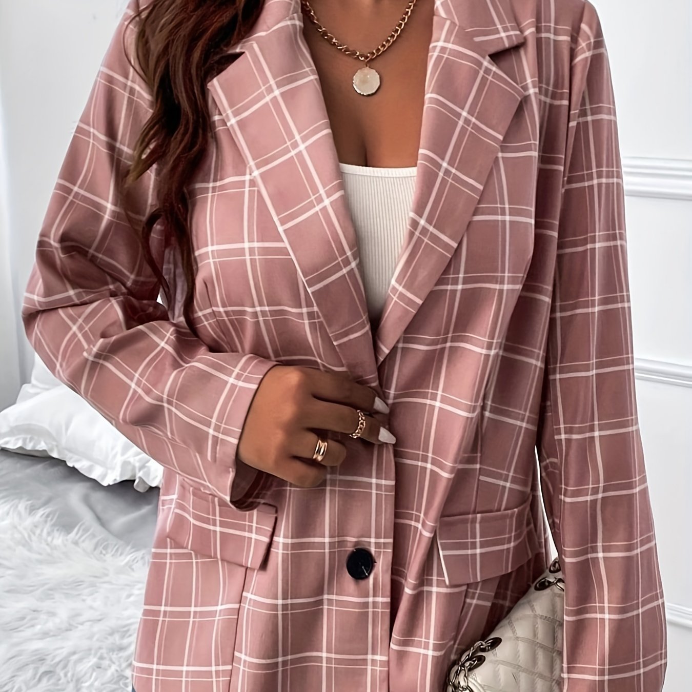  Grid Print Single Breast Button Blazer
