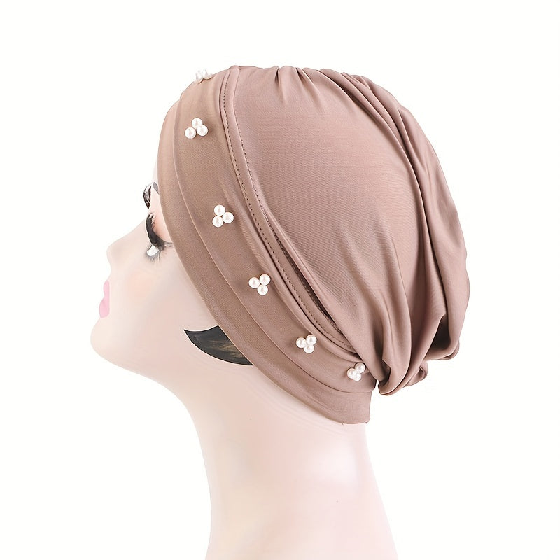 Faux Pearl Decor Turban Cap Solid Beanie Ruched Head Wrap