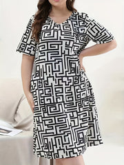  Greek Key Print V Neck Short Sleeve Nightdress