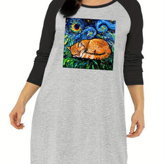  Painting Graphic Raglan Long Sleeve Round Neck Sleep Dress