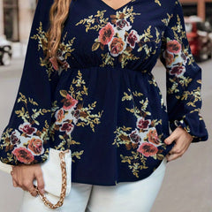  Floral Print Lantern Sleeve V Neck Peplum Top