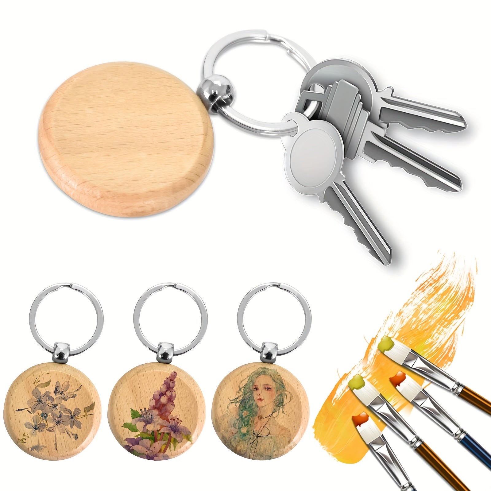 12pcs Beech Wood Keyrings DIY Blank For Crafts Key Ring For Women Men