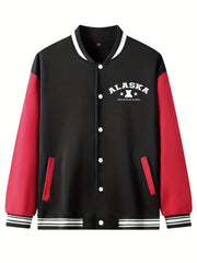 Letter Print Embroidery Varsity Jacket Men's Casual Block Button Up Jacket