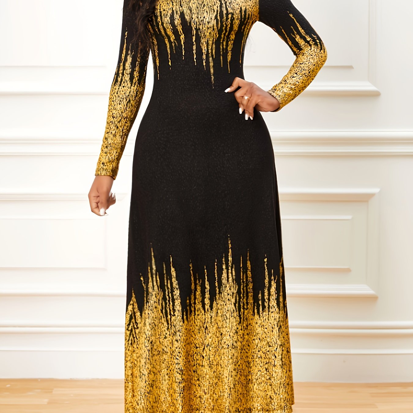  Colorblock Ombre Maxi Dress Long Sleeve Round Neck