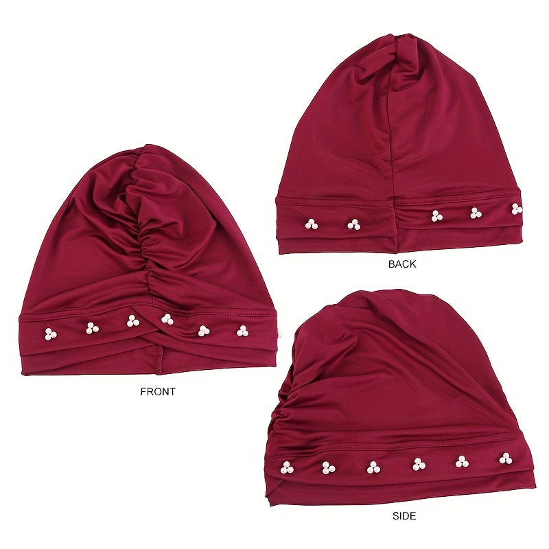 Faux Pearl Decor Turban Cap Solid Beanie Ruched Head Wrap