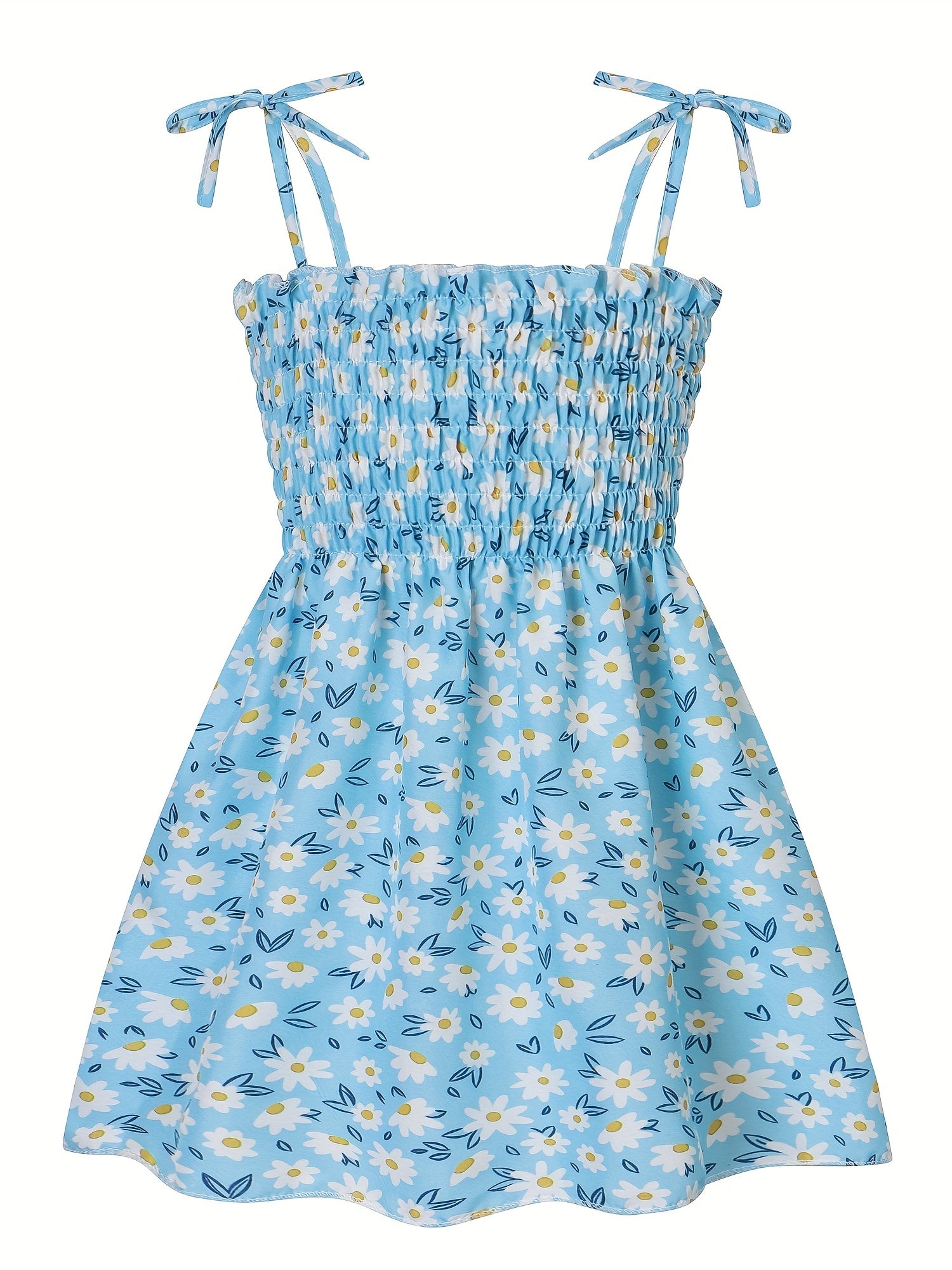Girls Lace Up Daisy Flowers Print Shirred Cami Dress