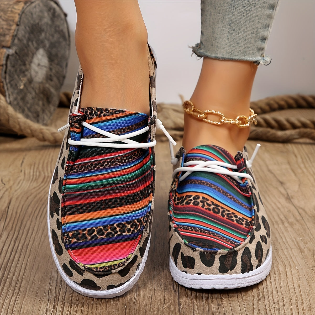 Women's Stripe & Leopard Print Boat Shoes Lace Up Walking Shoes