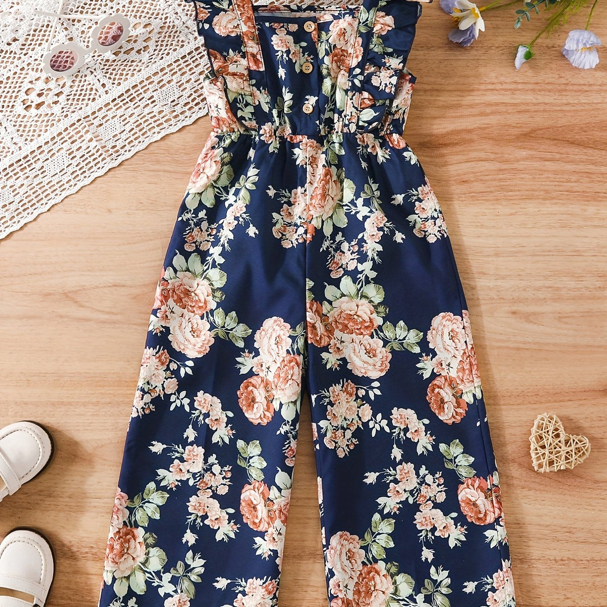 Girls' Butterfly Sleeves Floral Print Wide Leg Jumpsuit