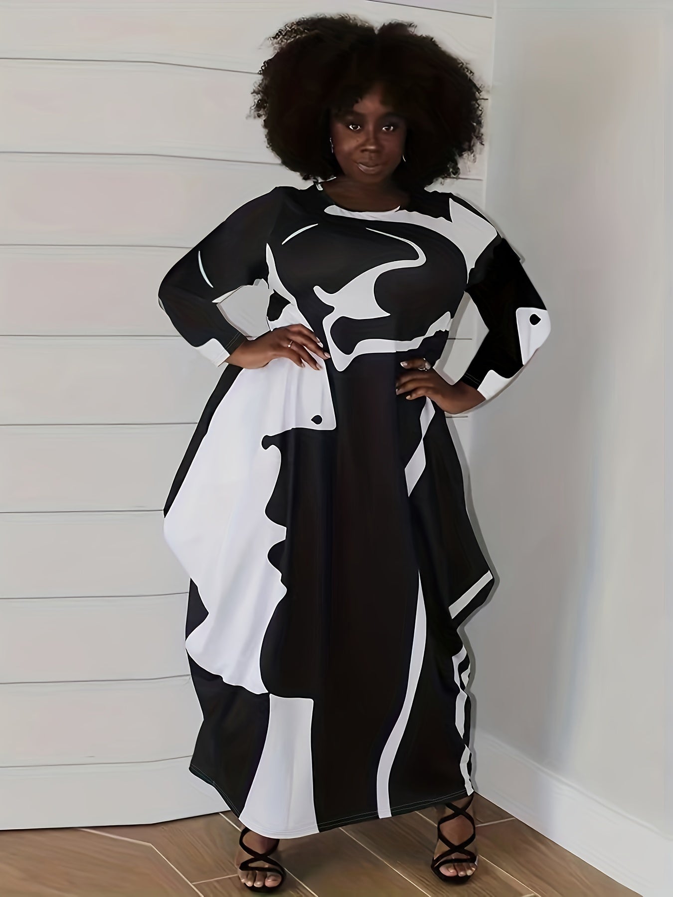  Abstract Print Long Sleeve Baggy Dress