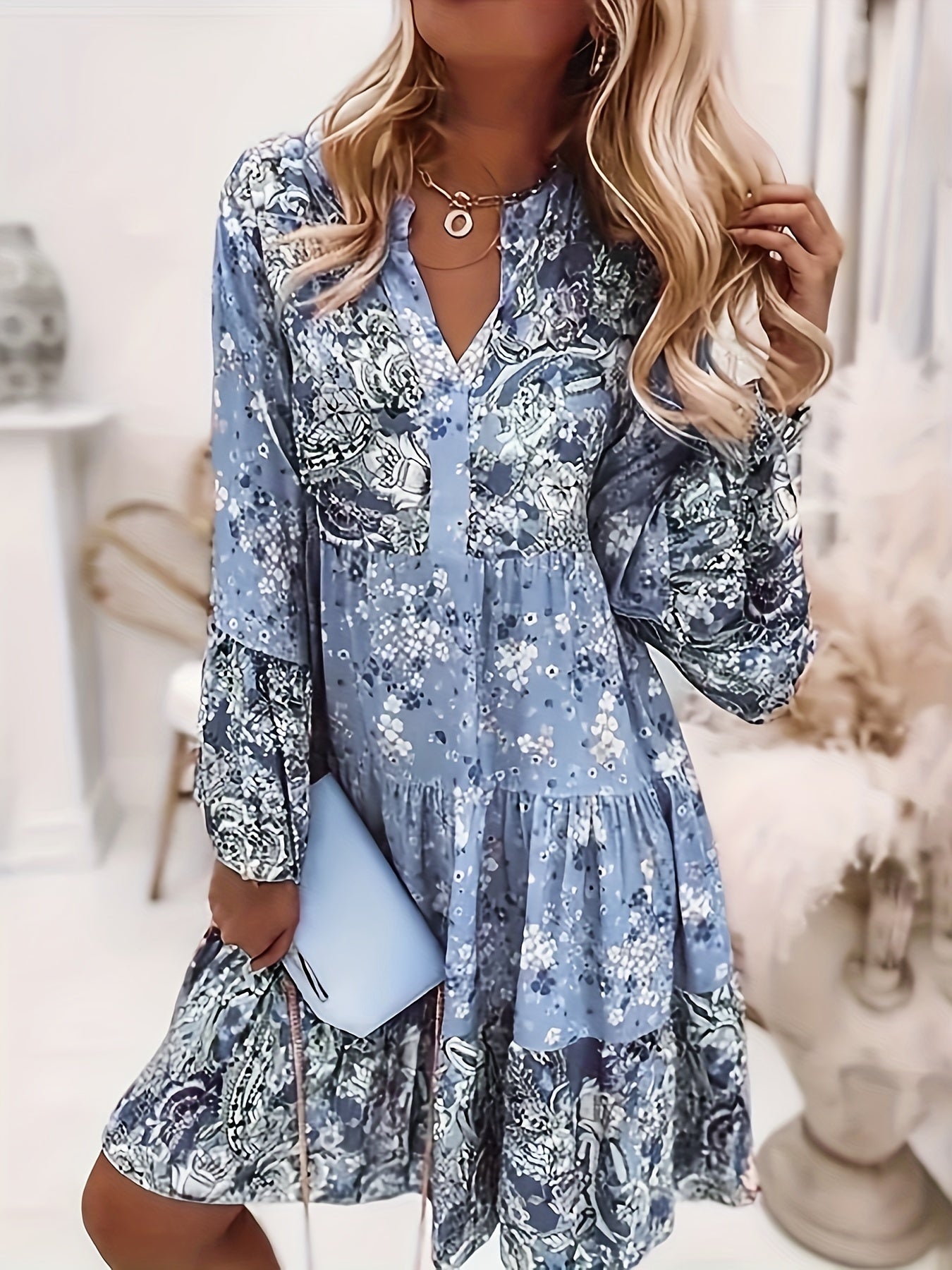  Boho Dress Women's Plus Floral Print Long Sleeve Smock Dress