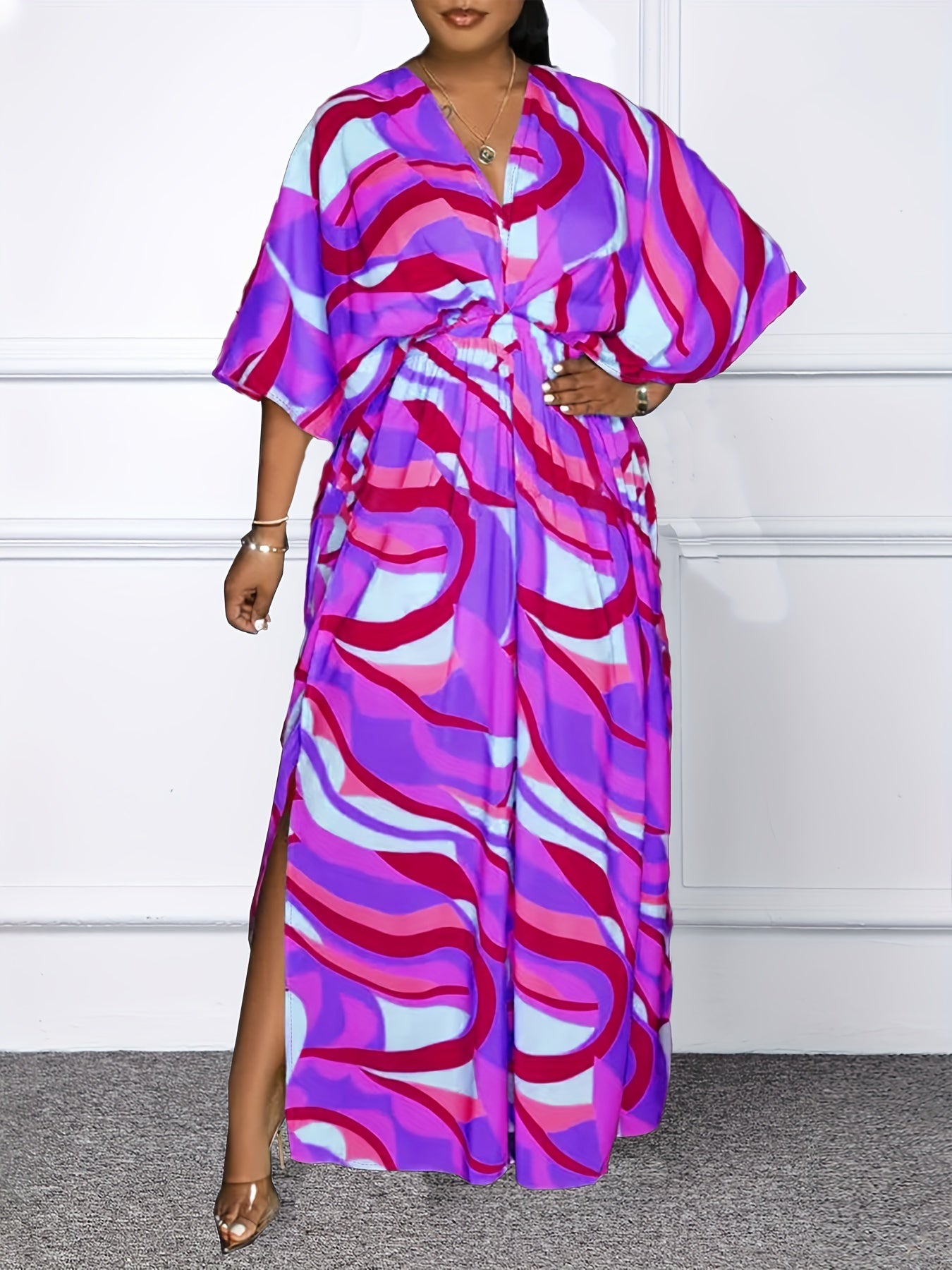  Boho Dress Women's Plus Stripe Print Batwing Sleeve Maxi Dress