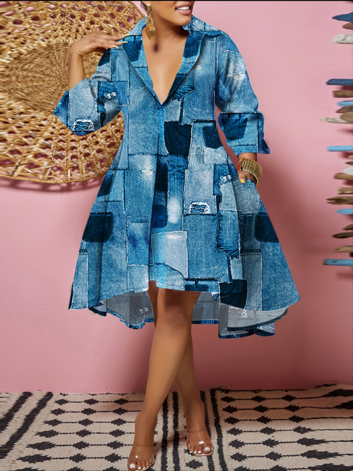  Denim Print Long Sleeve Dress