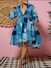  Denim Print Long Sleeve Dress