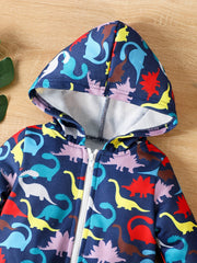 Boy Dinosaur Print Hooded Jacket, Sports Cardigan