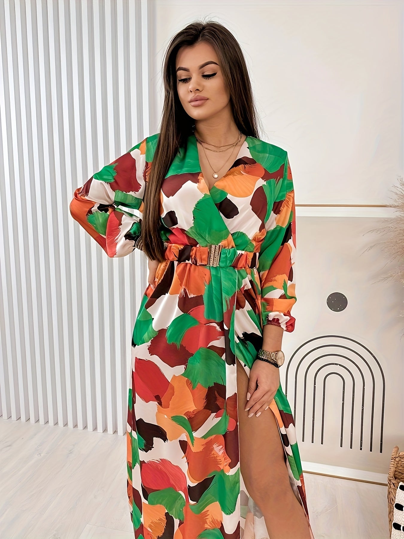  Colorblock Long Sleeve Wrap Dress