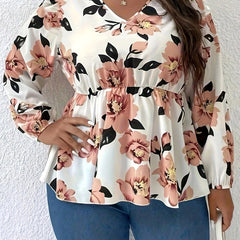  Floral Print Lantern Sleeve Knot Back Peplum Top