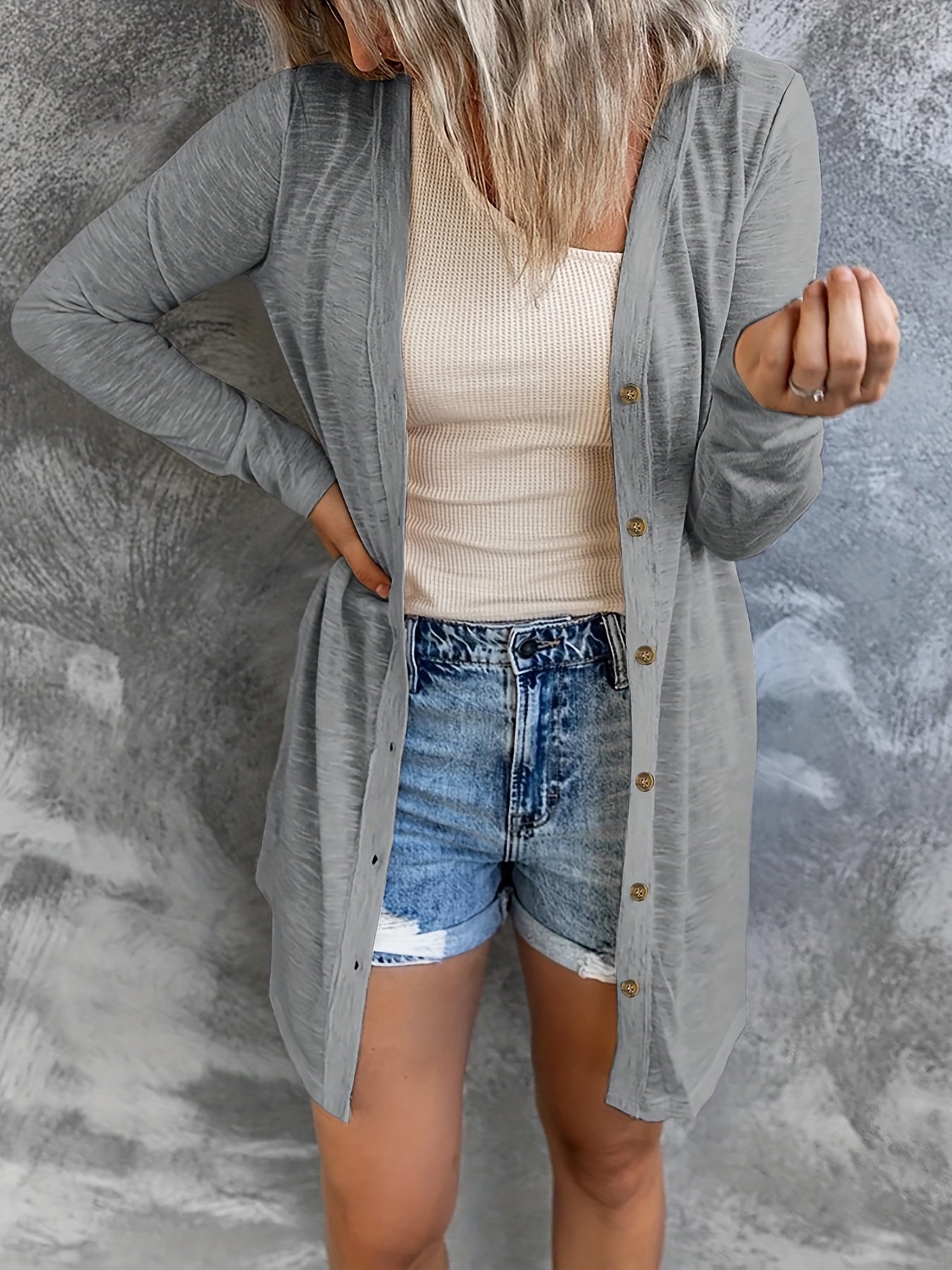  Solid Round Neck Button Up Cardigan