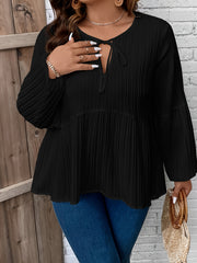  Solid Ribbed Lantern Sleeve Peplum Top